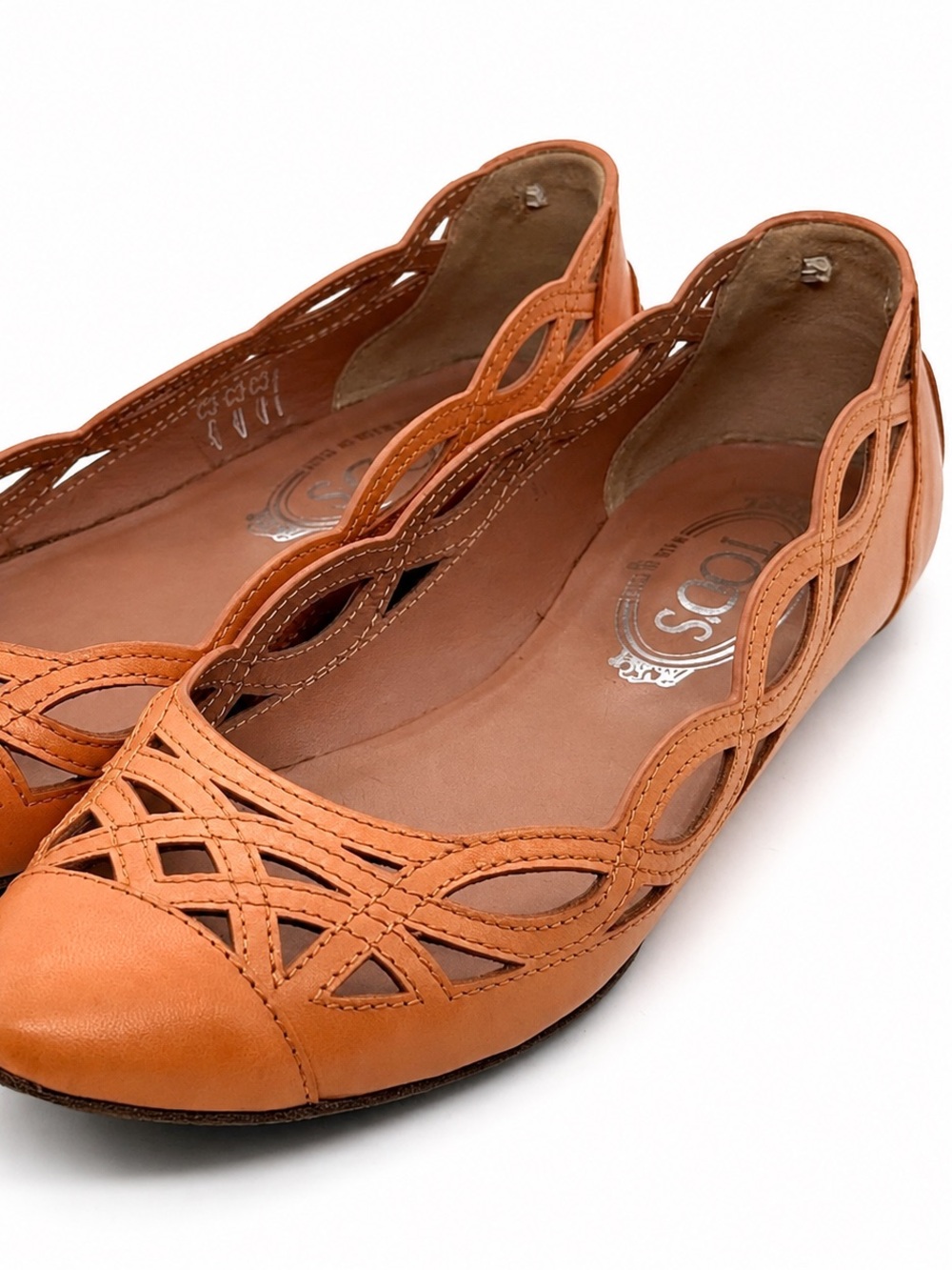 TOD'S Orange Leather Laser Cut Pointed Toe Ballet Flats Size 8 EU 38